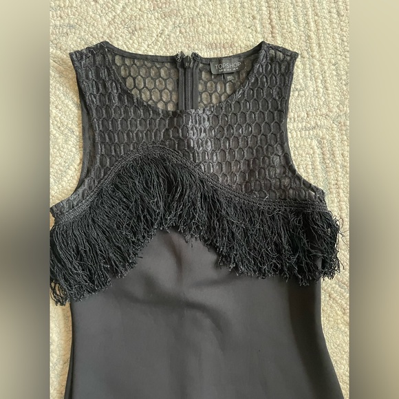 TopShop Mini Black Dress with Mesh Asymmetrical Neckline and Fringe Bodice - Picture 7 of 7
